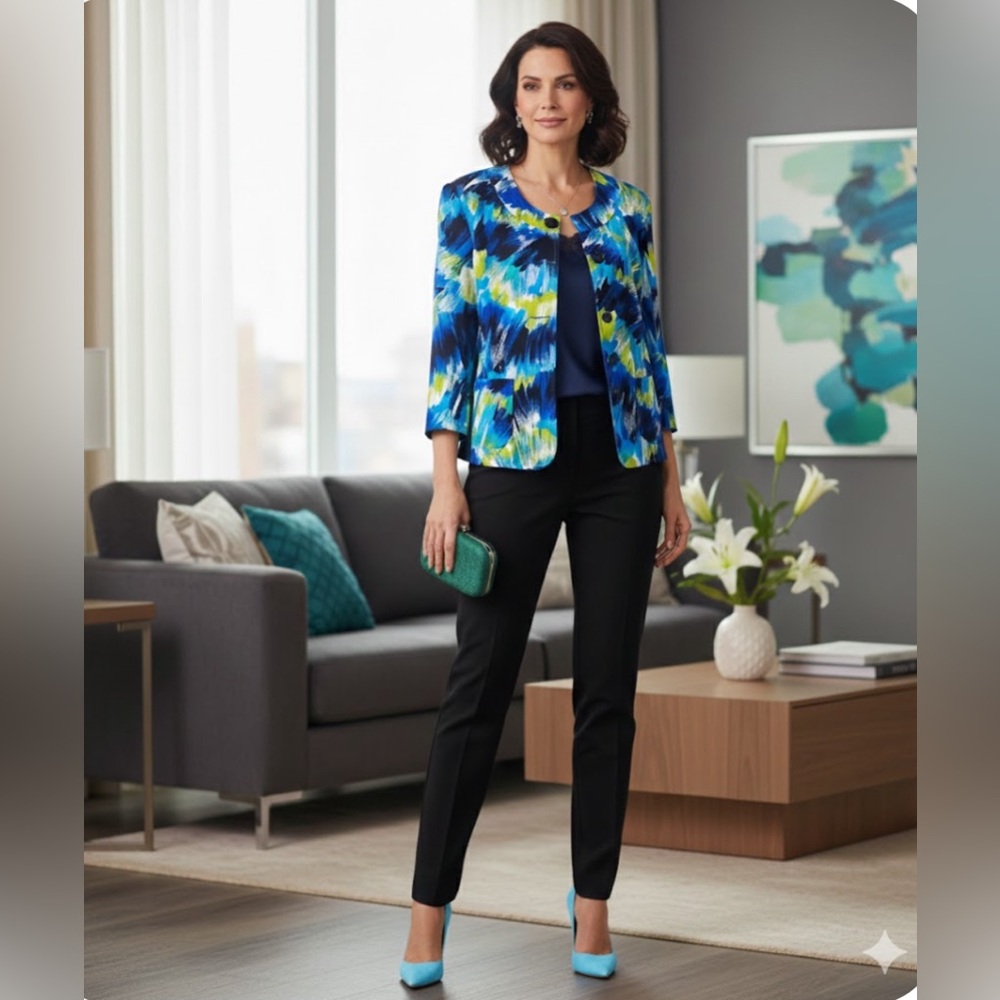 Elegant Notations jacket featuring a bold abstract print in vibrant shades Sz L